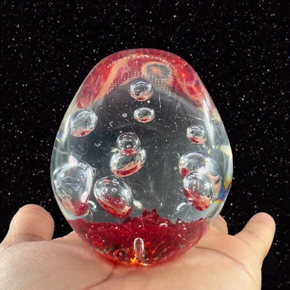 Vintage Art Glass Paperweight Red Bottom With Clear Large Air Bubbles Swirls - Picture 1 of 14